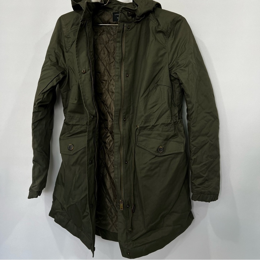 Jacket Quilted Lined Olive Green Size Large With Removable Faux Fur Hood Cotton - Picture 3 of 12